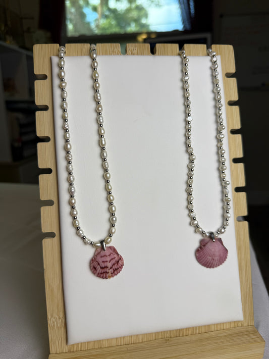 Seashell Necklace on Beaded Pearl Chain