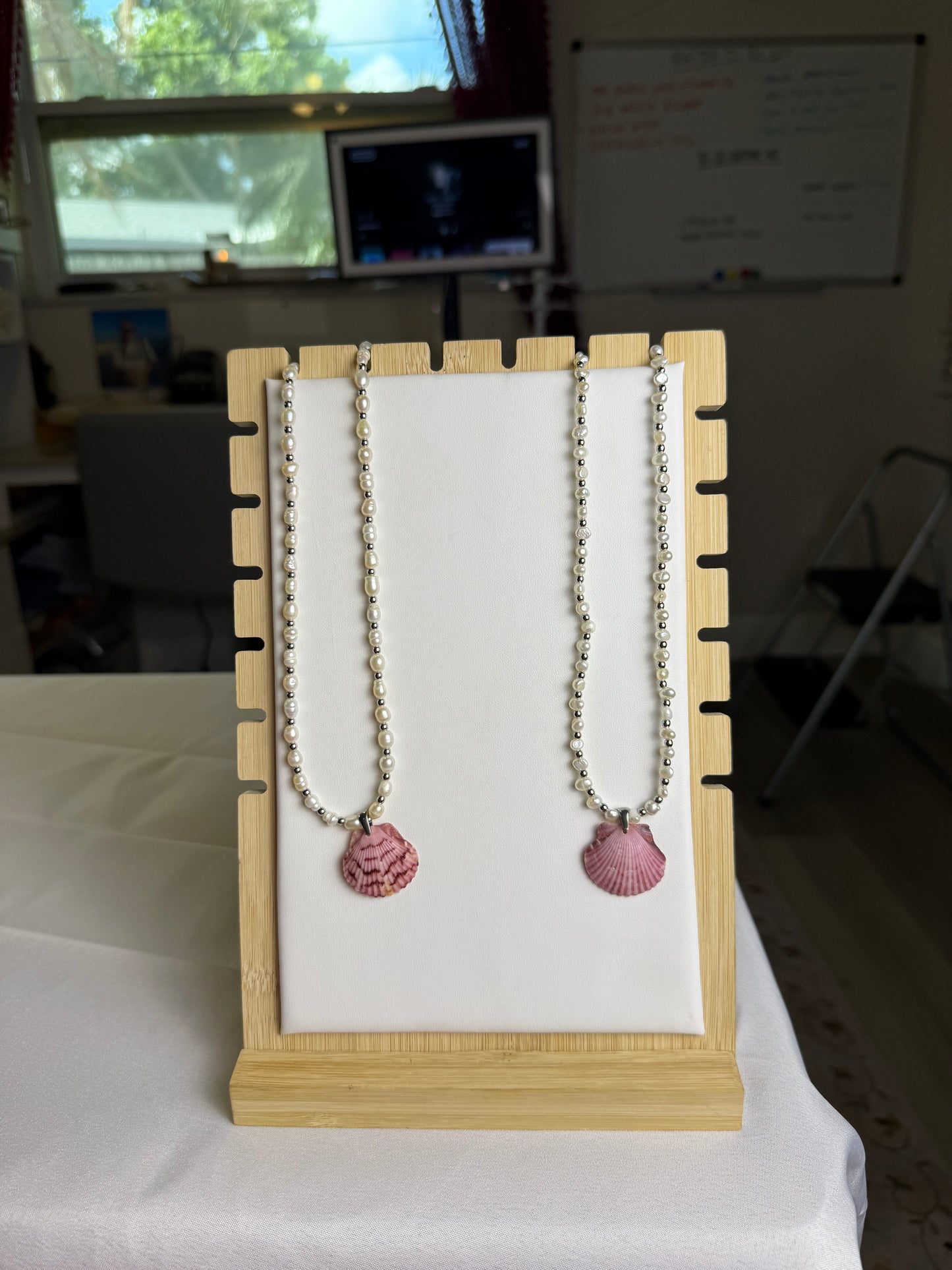 Seashell Necklace on Beaded Pearl Chain