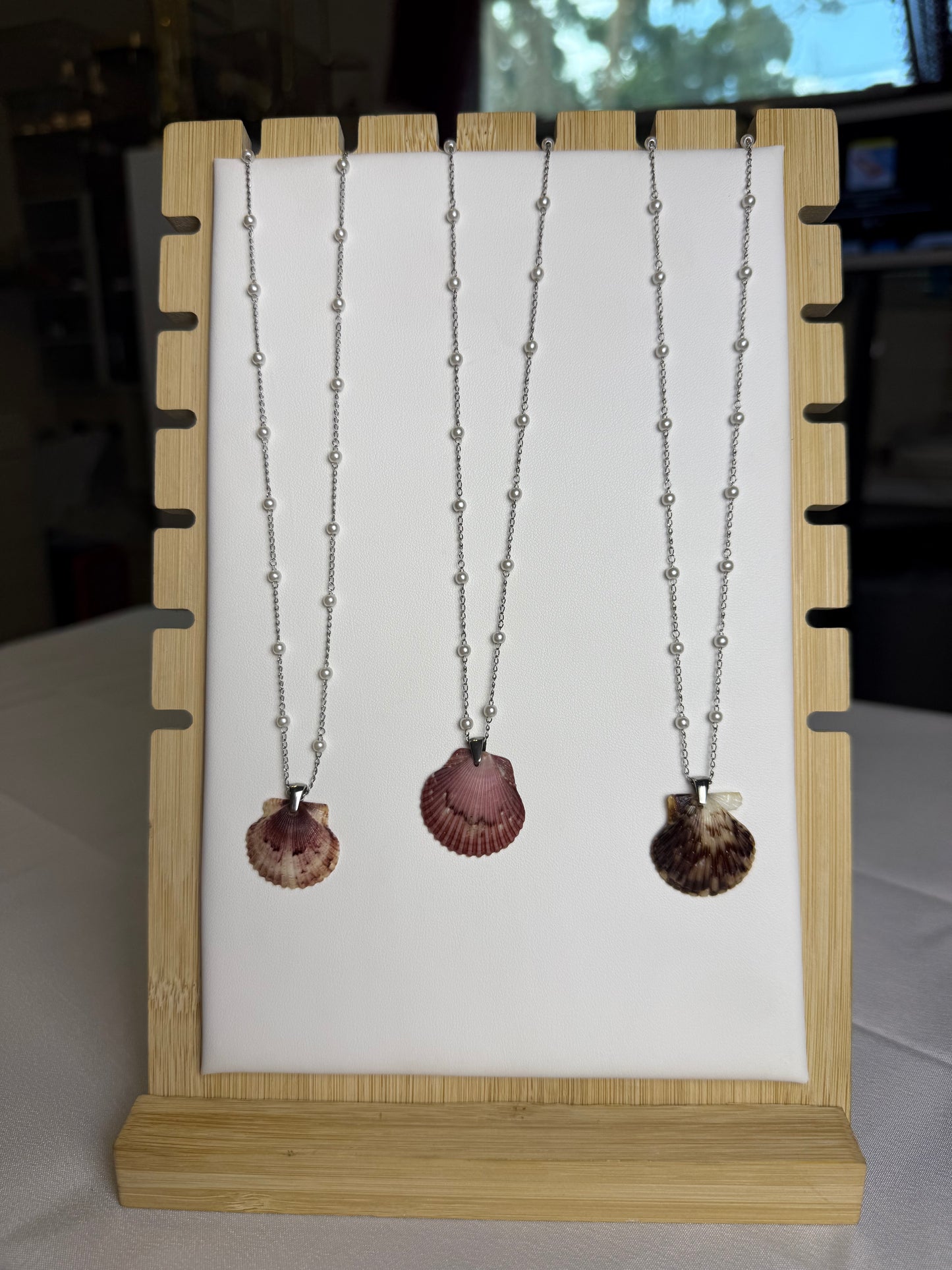 Seashell Necklace on Silver Dainty Pearl Chain