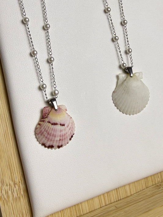 Seashell Necklace on Silver Dainty Pearl Chain