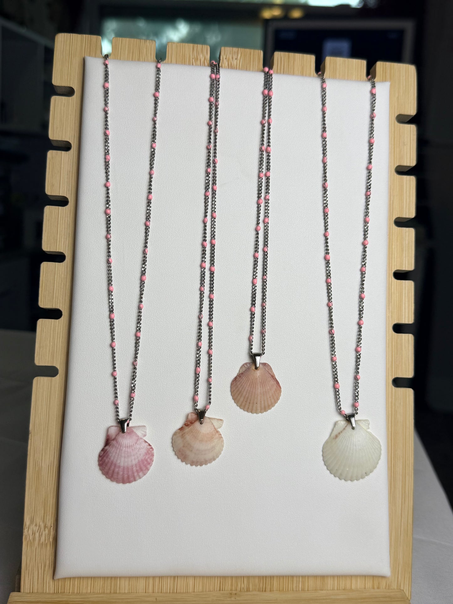 Seashell Necklaces on Silver Dotted Enamel Chain