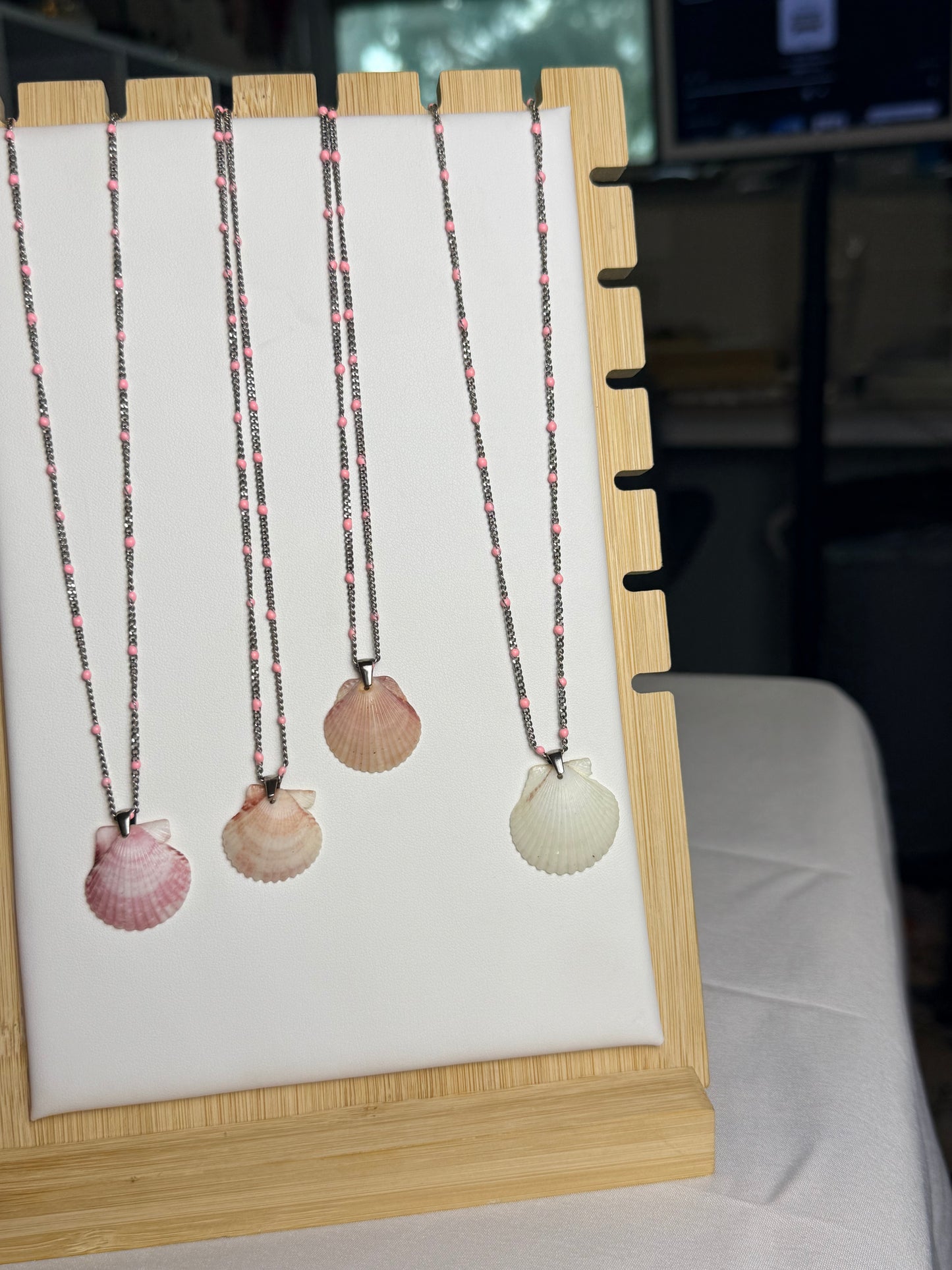 Seashell Necklaces on Silver Dotted Enamel Chain