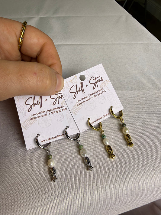 Lucky Catch Hoops in Silver + Gold
