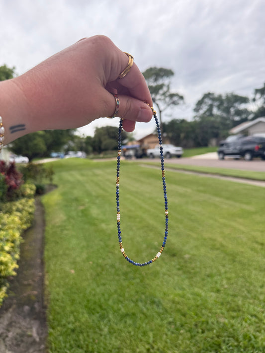 Lapis Lazuli Scattered Pearl Beaded Necklace