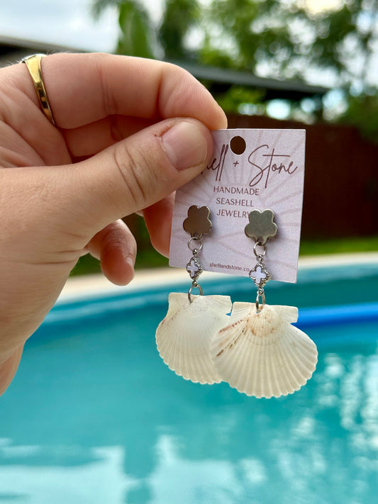 Silver Coast Clover Seashell Studs