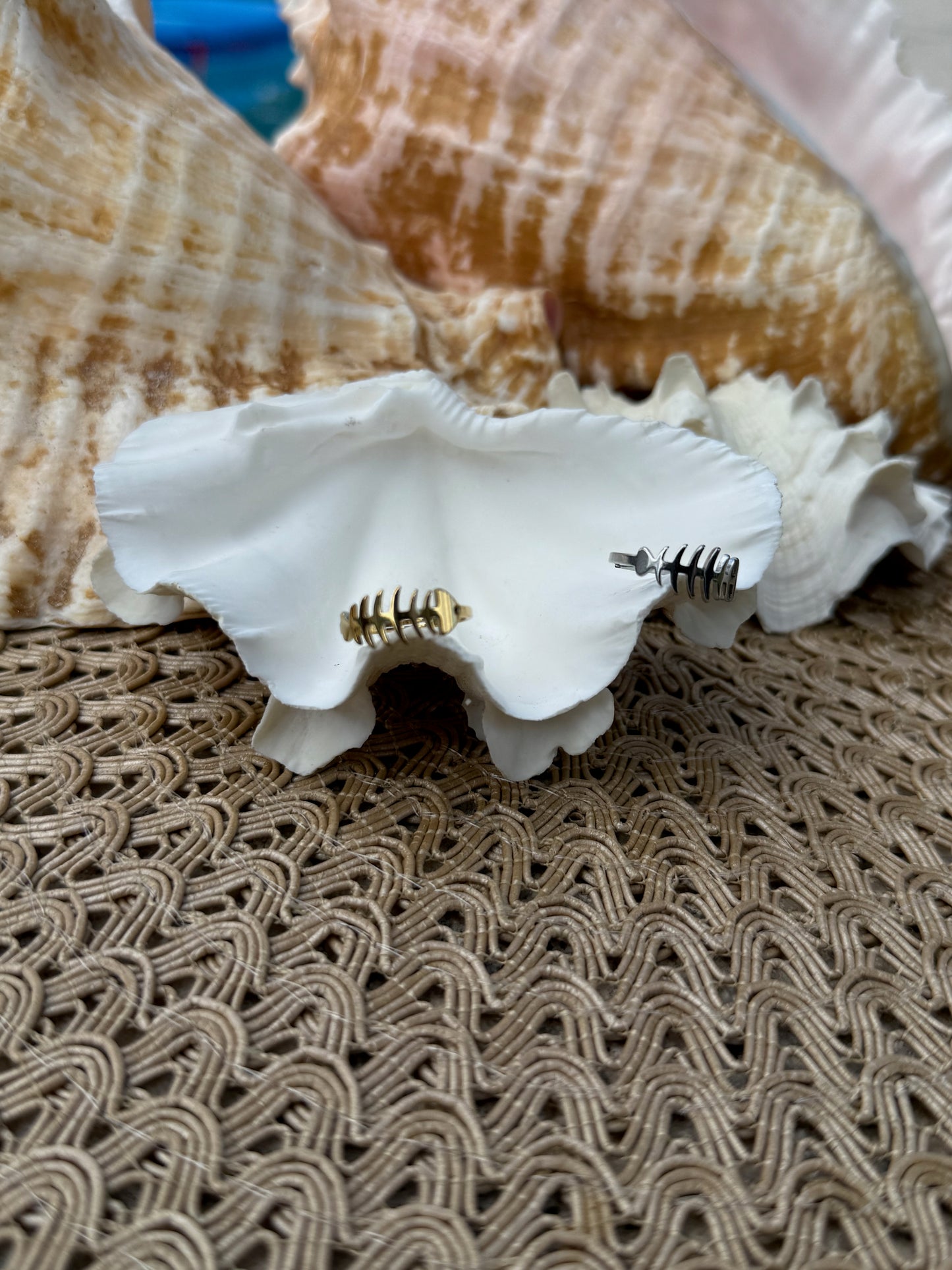 Fish Bone Ring in Silver + Gold
