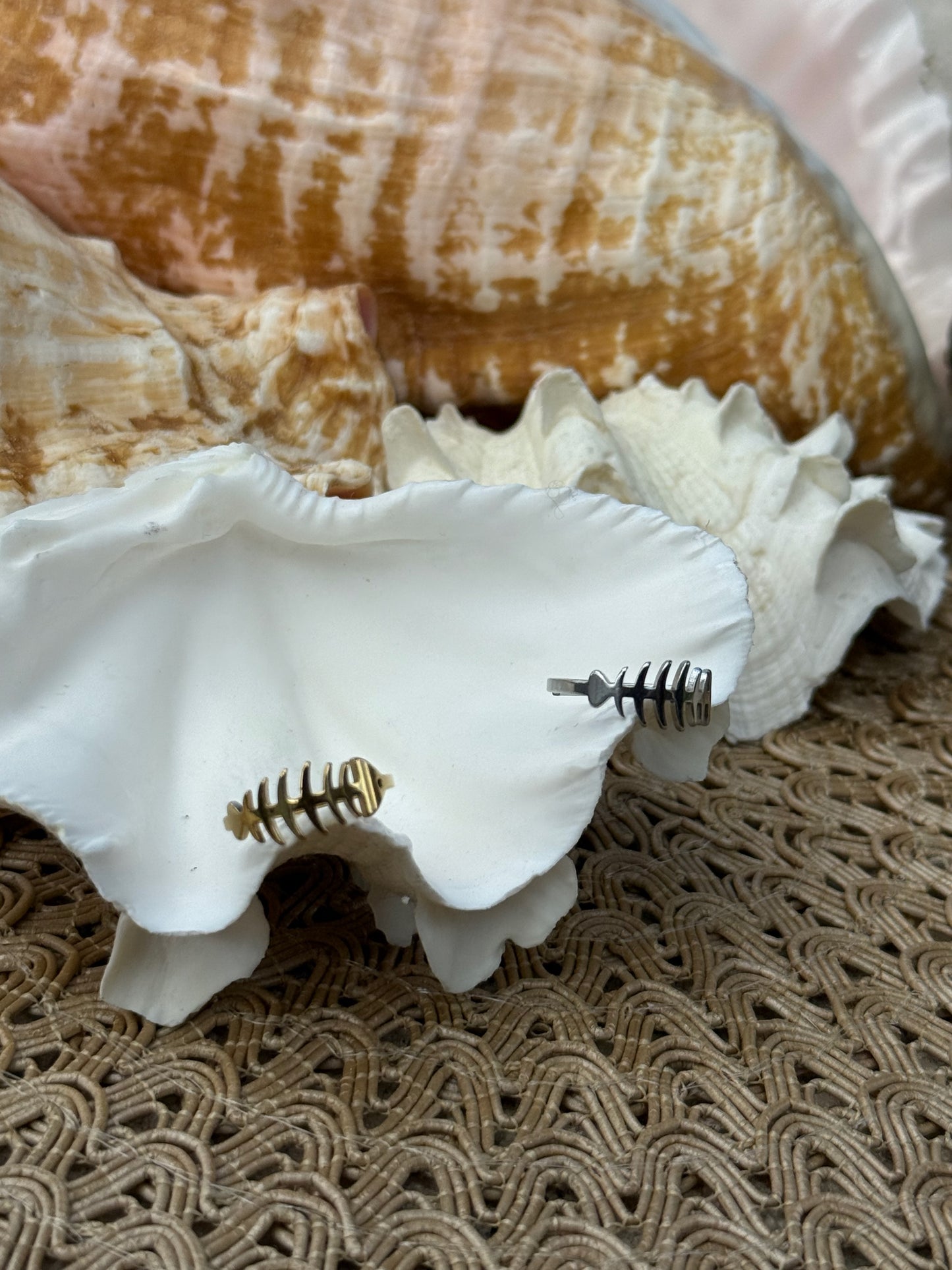 Fish Bone Ring in Silver + Gold