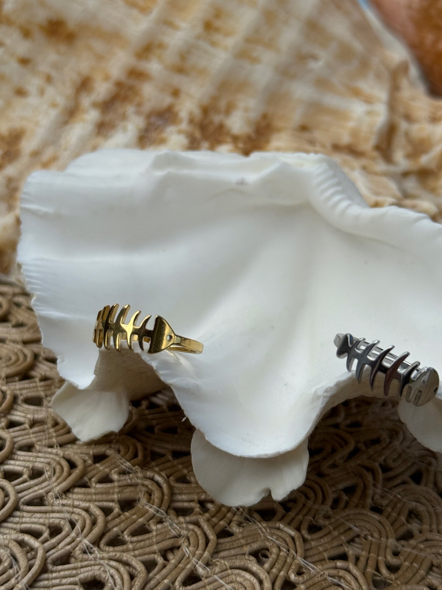 Fish Bone Ring in Silver + Gold