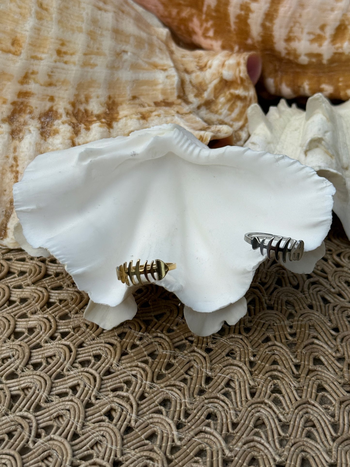 Fish Bone Ring in Silver + Gold