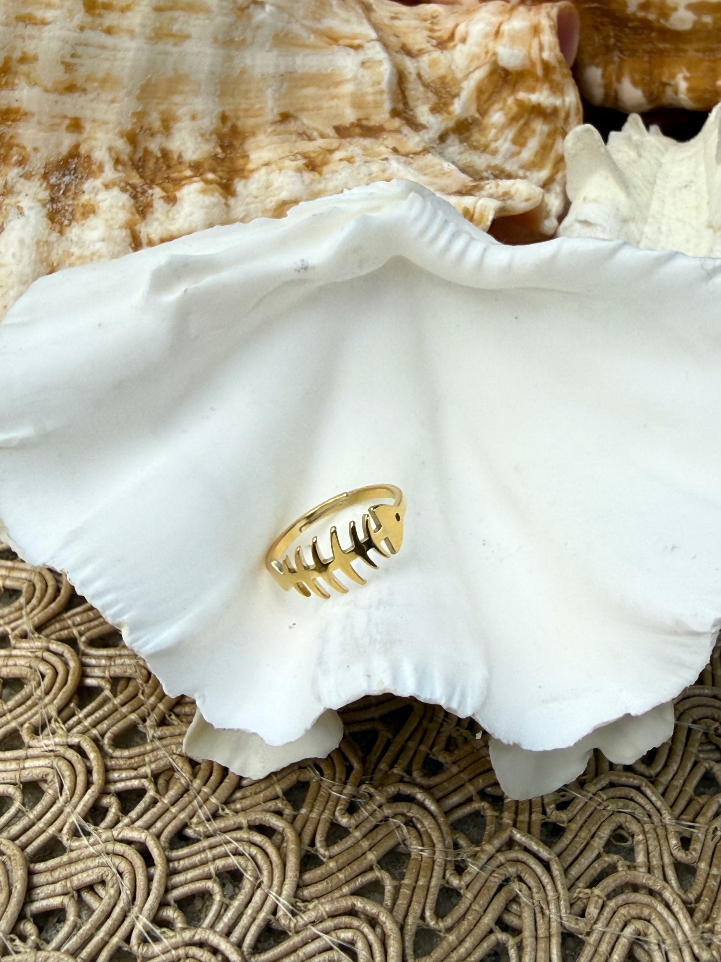 Fish Bone Ring in Silver + Gold