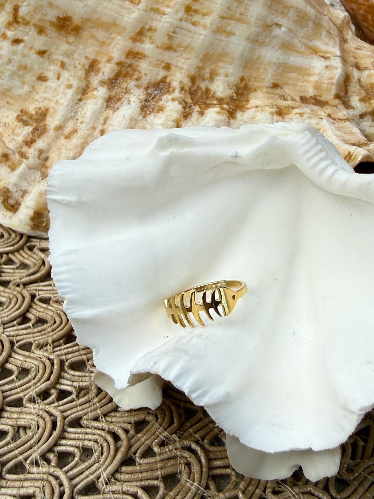 Fish Bone Ring in Silver + Gold