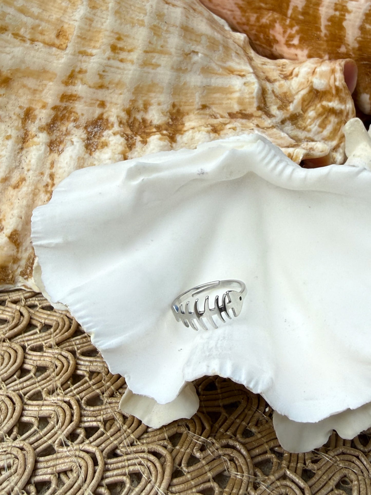 Fish Bone Ring in Silver + Gold
