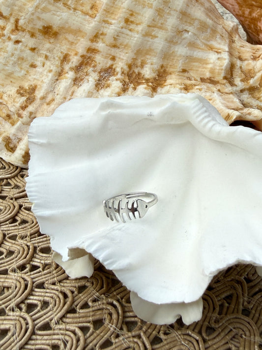 Fish Bone Ring in Silver + Gold